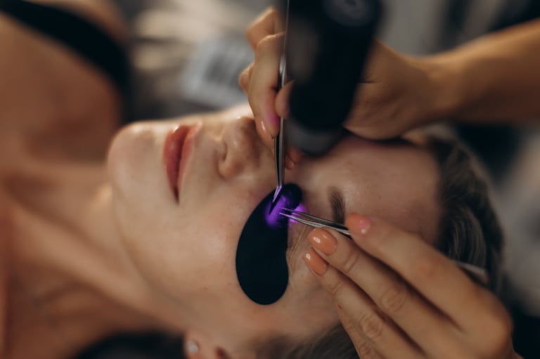 Eyelash extension procedure at beauty salon with detailed eyelashes