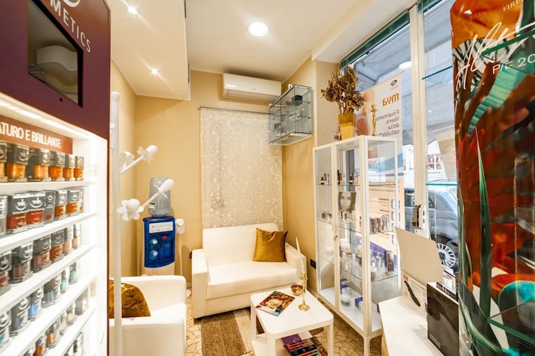 Bright modern retail or display space with cream-colored walls, shelving displaying products, a white seating area with gold pillows, and large windows with signage