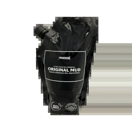 Black resealable pouch of Renewal Original Mud with white label and spout for dispensing