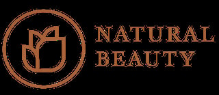 Gold Natural Beauty logo with leaf icon in circular frame on black background