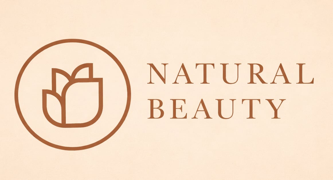 Natural Beauty logo with leaf icon and text on beige background
